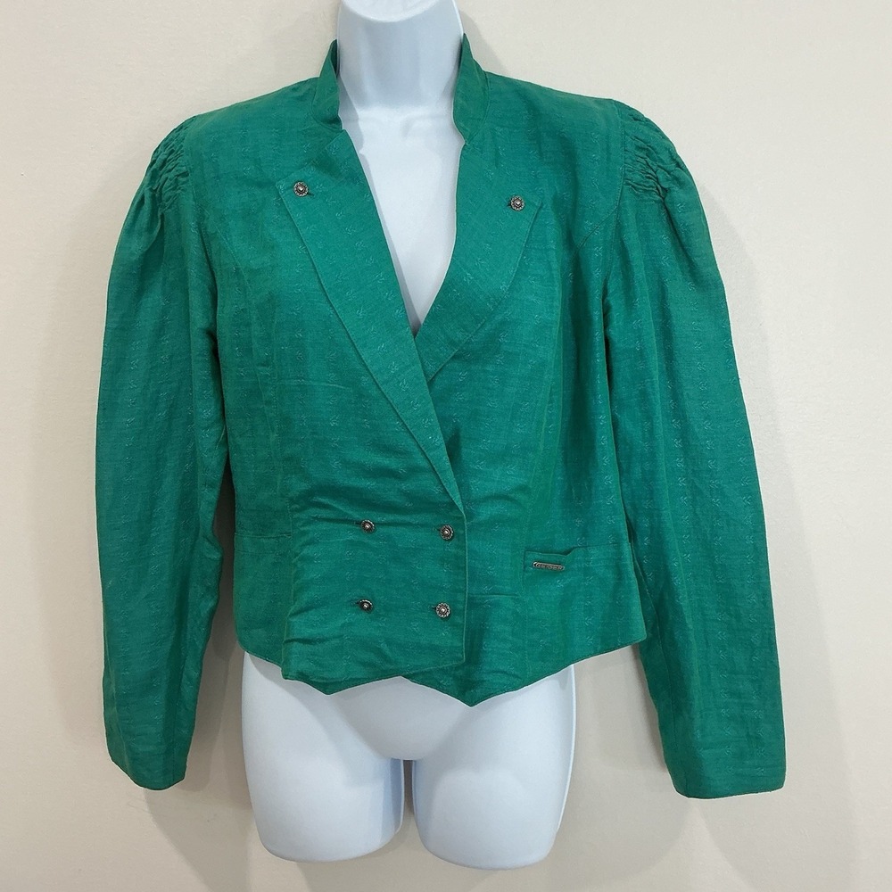 VTG Geiger Austria 100% linen blazer jacket Green Size 40 delicate embroidery